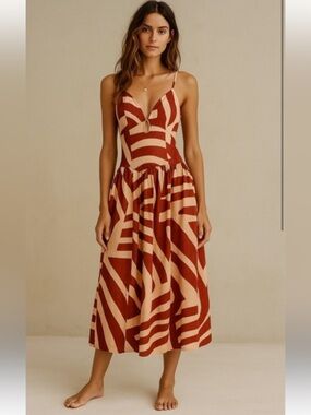 Mon Renn Surreal Midi Dress Tropico Print Red Peach NWT Size Medium New Linen